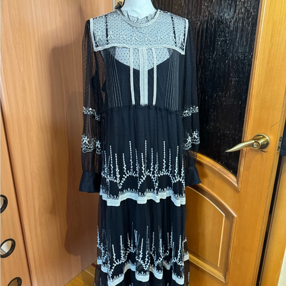 Zara Black and White embroidered Long Sleeve tule maxi Dress Sz XXL - Picture 6 of 16